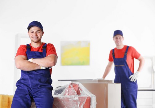 Removals team preparing safely with packing materials in Westhampstead