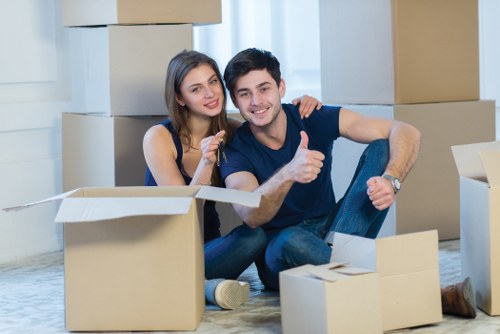 Packed business equipment prepared for commercial moves in Westhampstead