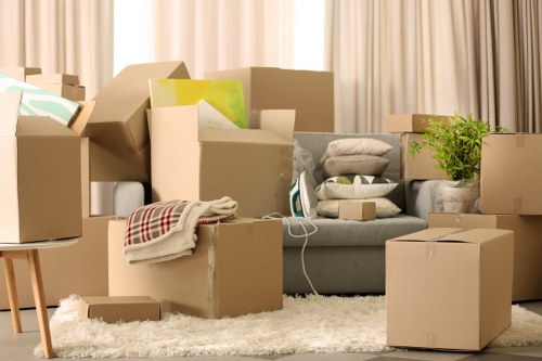 House moving service in Westhampstead with packed boxes and a removal van